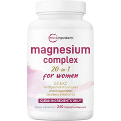 Micro Ingredients Magnesium Complex for Women | Glycinate, Citrate & More – 20-in-1 Formula with D3, K2 (MK-7), B6 (as P5P) & Ashwagandha | 240 Vegetarian Capsules, Filler Free, Non-GMO