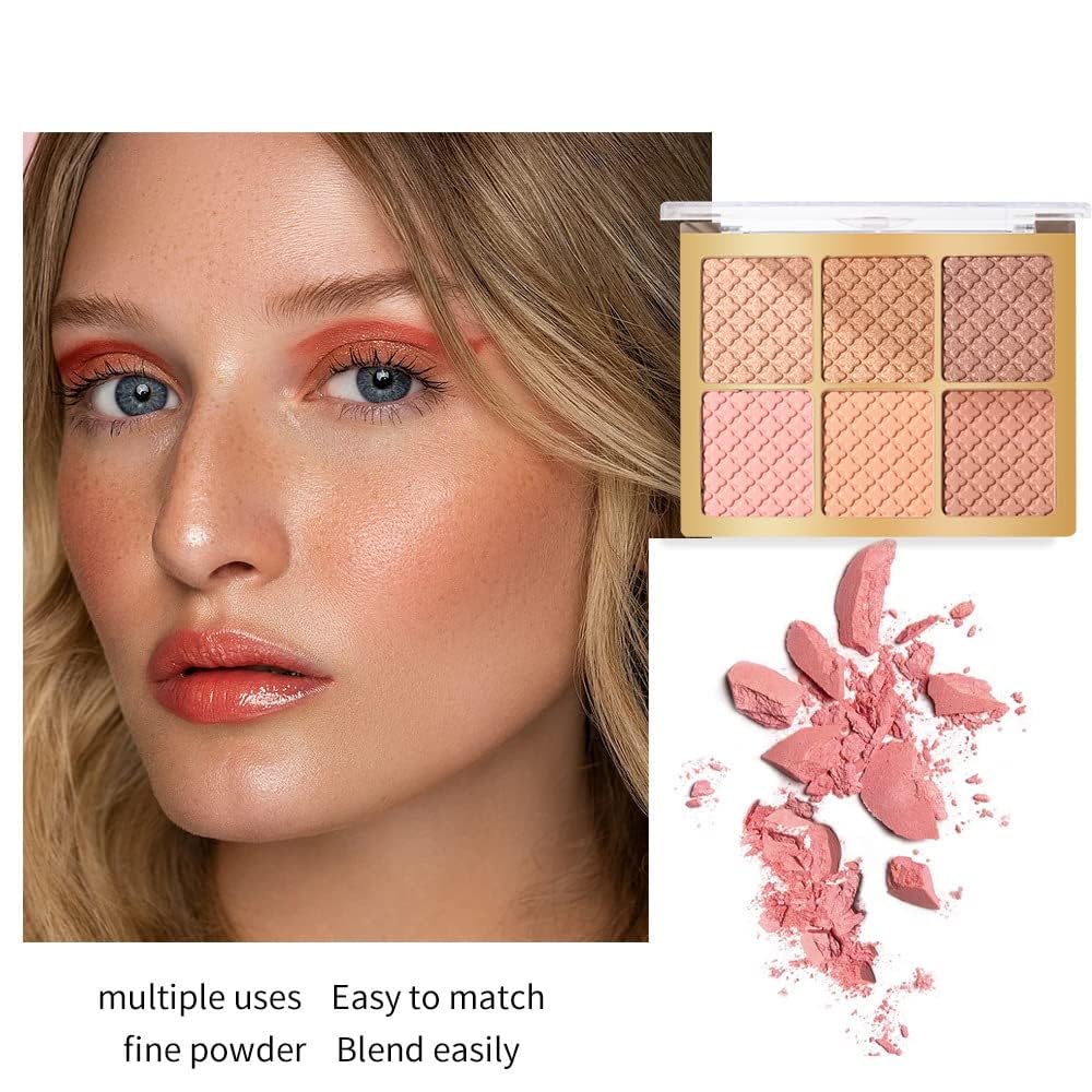 Azonee 6 Colors Facial Blush Palette, 1 Piece Multi Purpose Blusher Facial Highlighter Contour Makeup Palette, Matte Shimmer Pearly Blusher Palette