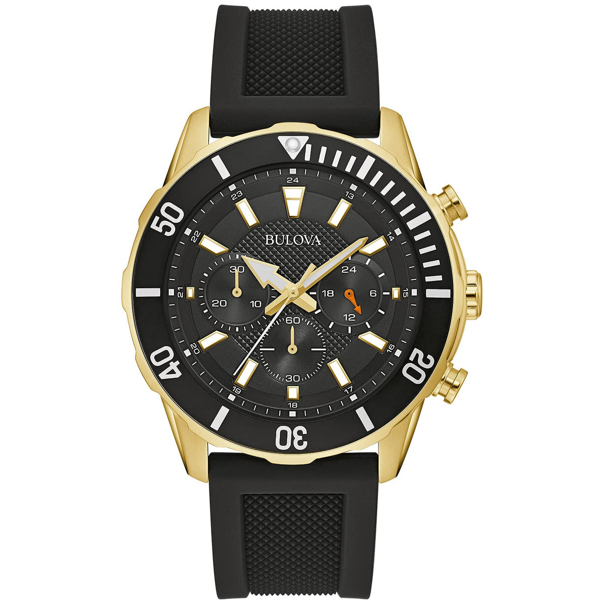 Bulova Men's Sport 6-Hand Chronograph Quartz Watch with Silicone Strap, 24 Hour Time, Calendar Date, Luminous Hands and Markers, 100M Water Resistant, 44mm - Black Rubber Strap/ Gold Tone