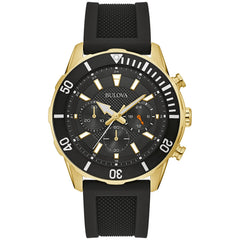 Bulova Men's Sport 6-Hand Chronograph Quartz Watch with Silicone Strap, 24 Hour Time, Calendar Date, Luminous Hands and Markers, 100M Water Resistant, 44mm - Black Rubber Strap/ Gold Tone