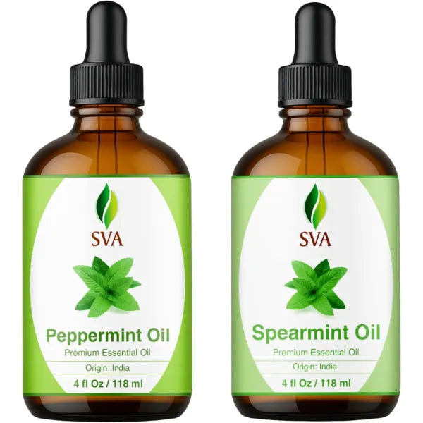 SVA ORGANICS Peppermint and Spearmint Essential Oil 4 oz Bundle – Premium Grade Value Set for Hair Oiling, Scalp Massage, Hair Care, Skin Care and Body Massage