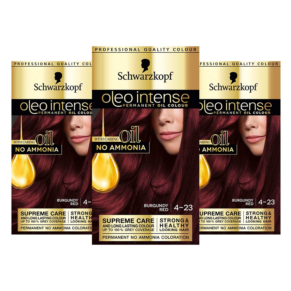 Schwarzkopf Oleo Intense Hair Dye, Triple Pack, Permanent Oil Colour, No Ammonia, Covers Grey, Burgundy 4-23