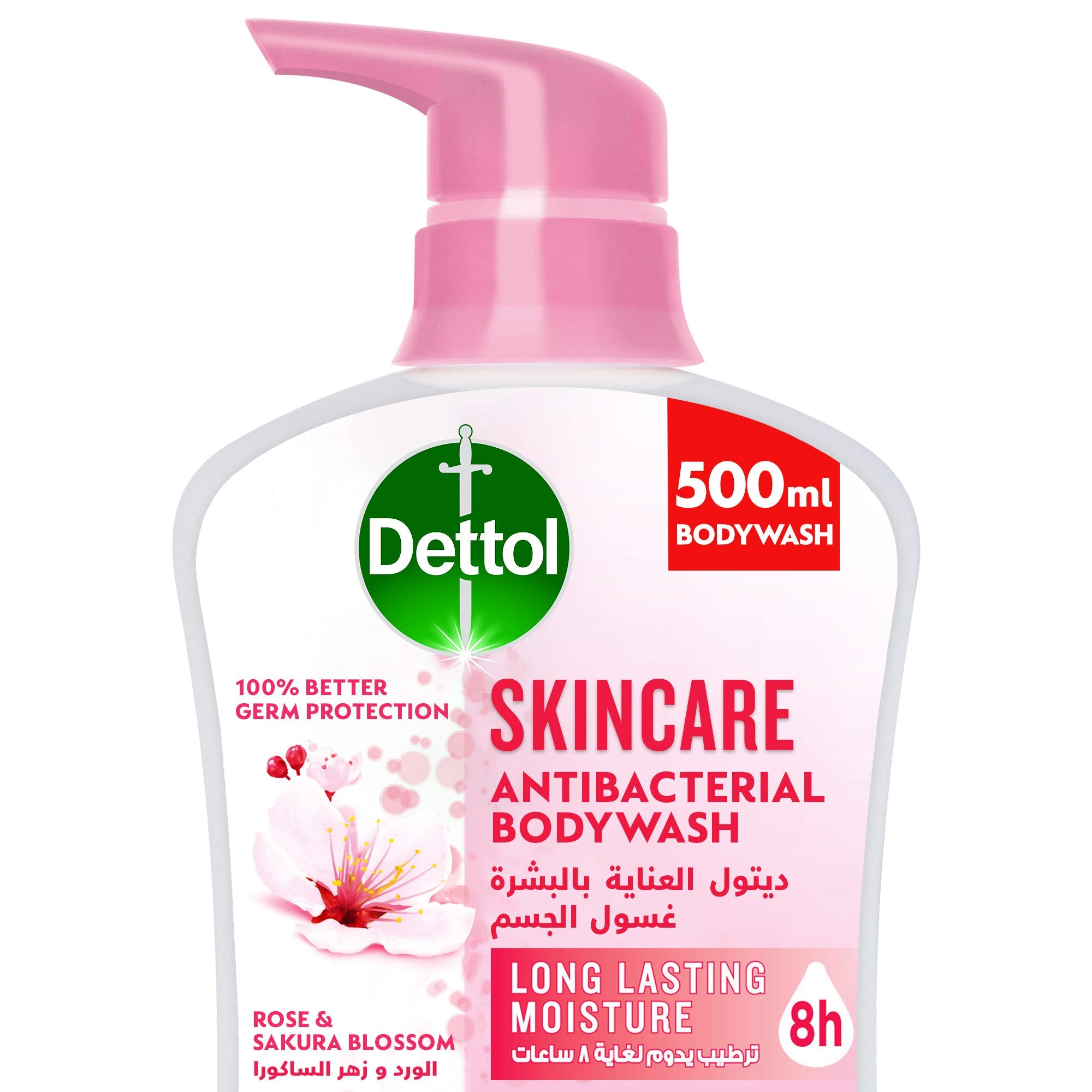 Dettol Skincare Showergel & Bodywash, Rose & Sakura Blossom Fragrance for Effective Germ Protection & Personal Hygiene, 500ml (Packaging may vary)