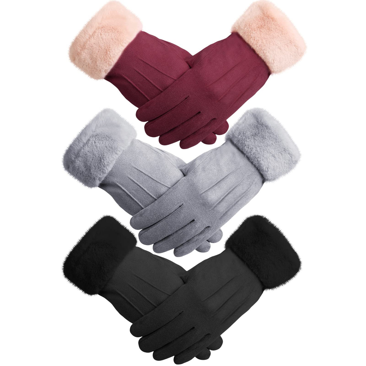 3 Pairs Winter Warm Touchscreen Gloves Women's Fleece Lining Texting Gloves Fuzzy Cuff Thermal Soft Winter Gloves for Skiing - Black, Gray, Red