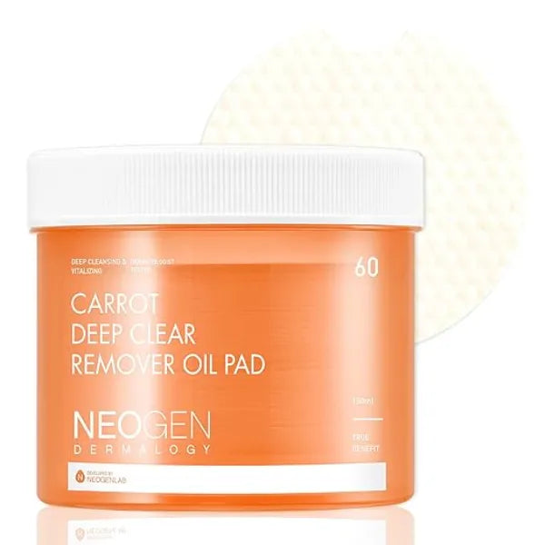NEOGEN DERMALOGY Carrot Deep Clear Remover Oil Pad (60 Pads) Facial Oil Make Up Remover Cotton Pad for Sensitive Skin, Gently Removes Waterproof Makeup & Impurities, Alcohol Free