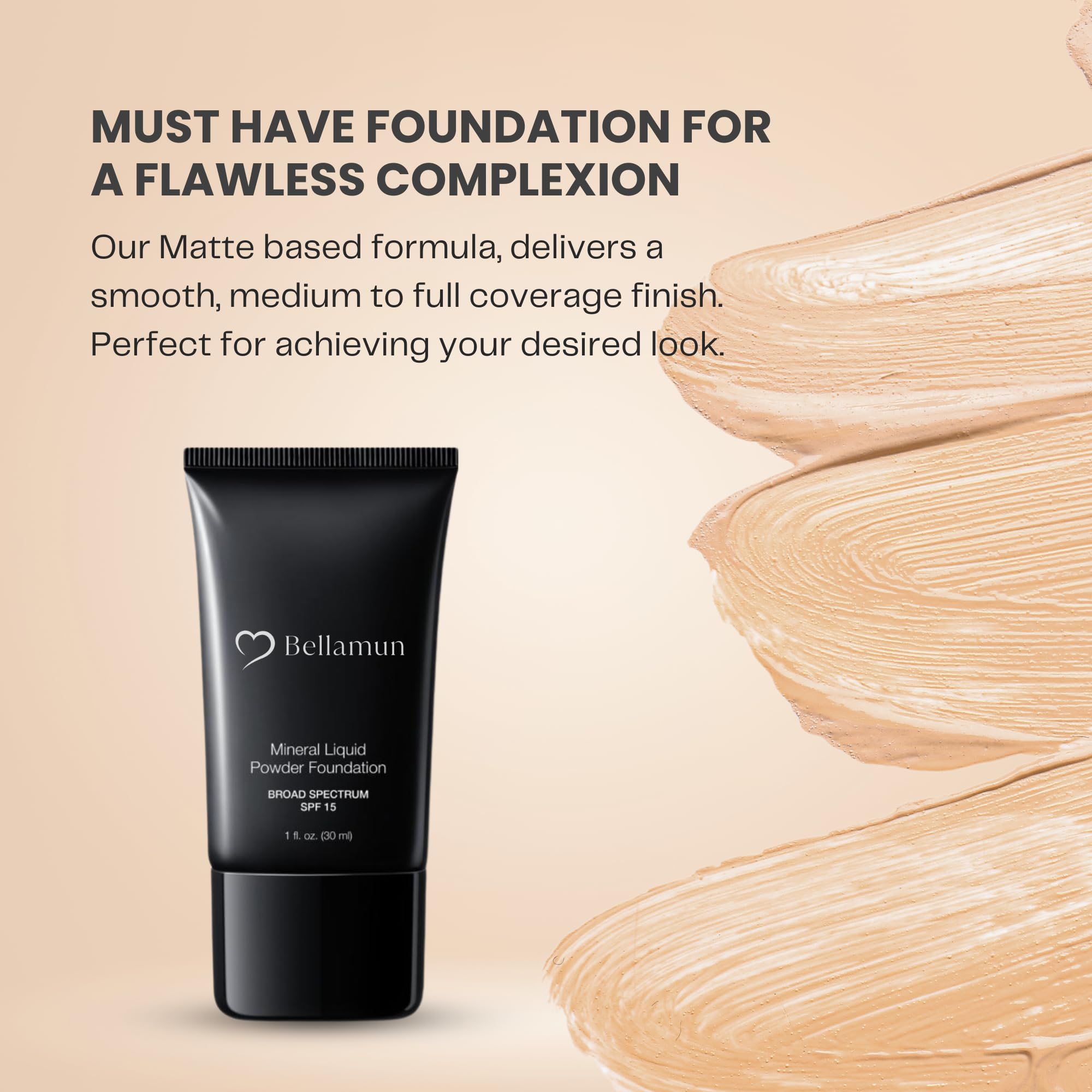 BELLAMUN Mineral Liquid Powder Foundation - SPF 15, Vegan, Cruelty-Free, Medium to Full Coverage, Matte Finish - Free of Talc, Parabens, Gluten - For All Skin Types (Cream Beige, 30ml)