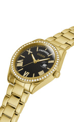 GUESS 36mm Stainless Steel Day-Date Watch with Coin Edge Bezel, Silver-Tone/Blue