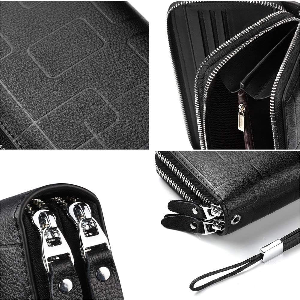 Mens Clutch Bag Handbag Genuine Leather Purse Zipper Long Wallet Business Large Hand Clutch Phone Holder - Stripe Black Double Zipper