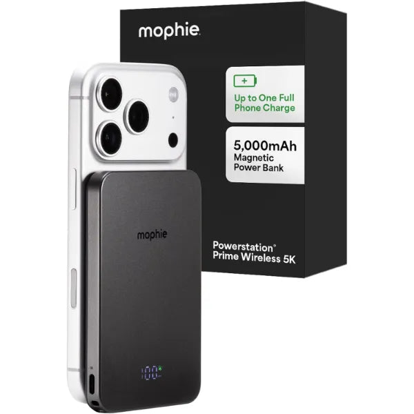 Mophie Powerstation Prime Wireless 5K Power Bank - Magnetic Wireless Portable Charger 5,000mAh Internal Battery External Battery Pack Slim Profile Travel Power Bank with Hidden Digital Display - Gray