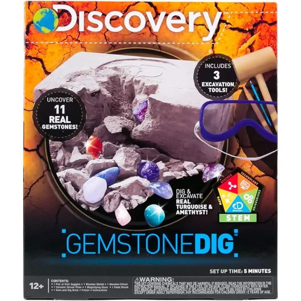 Discovery Kids Gemstone Dig Stem Science Kit by Horizon Group Usa, Excavate, Dig & Reveal 11 Real Gemstones, Includes Goggles, Excavation Tools, Streak Plate, Magnifying Glass & More