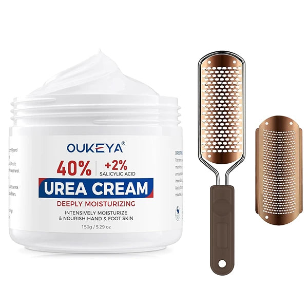 OUKEYA Urea Cream 40% Plus 2% Salicylic Acid for Feet Maximum Strength with 304 Stainless Steel Foot Scrubber Callus Remover for Feet