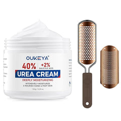 OUKEYA Urea Cream 40% Plus 2% Salicylic Acid for Feet Maximum Strength with 304 Stainless Steel Foot Scrubber Callus Remover for Feet