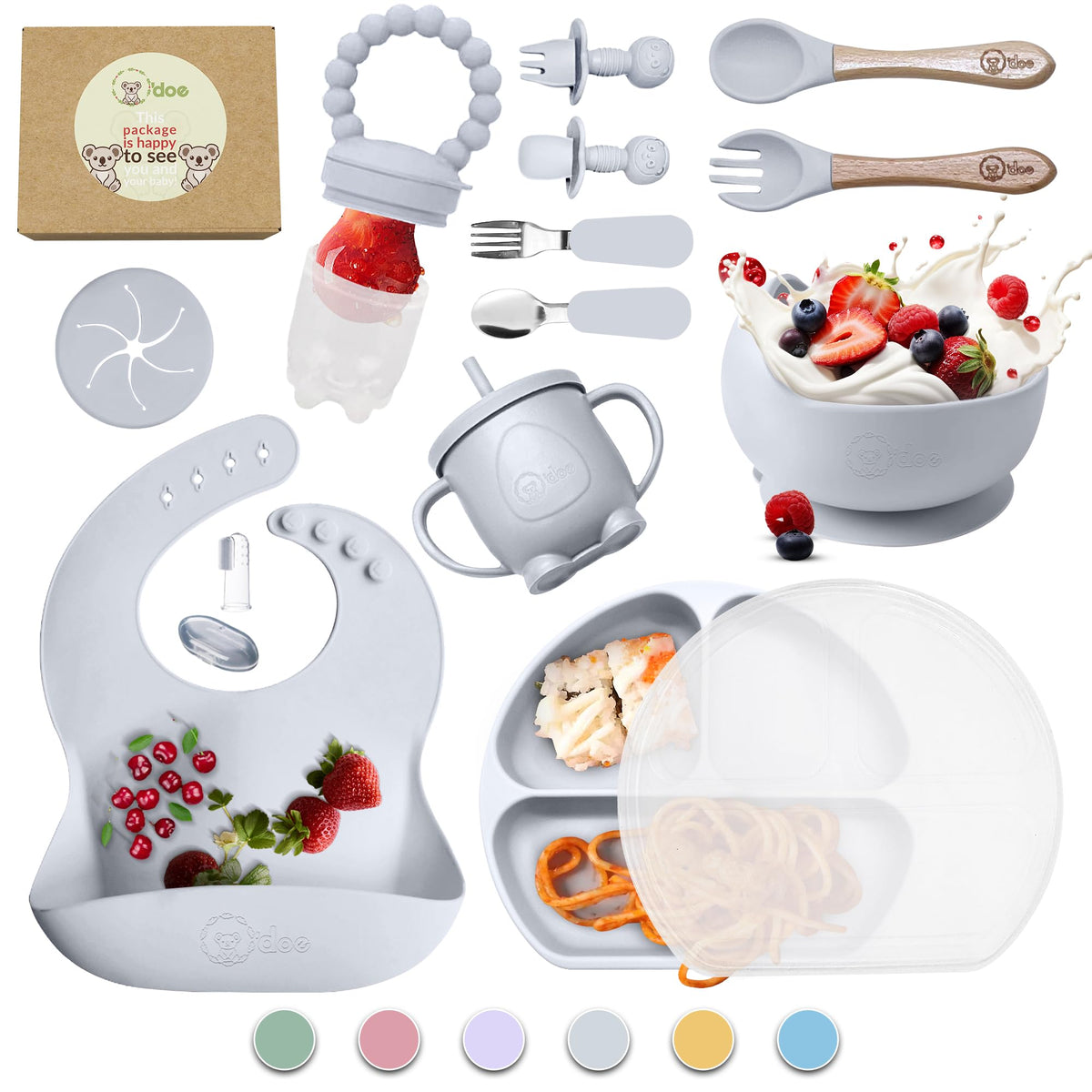 O'doe Baby Led Weaning Feeding Supplies for Toddlers, Baby Feeding Set | Suction Silicone Baby Bowl-Self Eating Utensils Set with Spoons, Bibs, Toddlers Spoon Set | Infant Food Plate Kit (Grey)