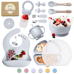 O'doe Baby Led Weaning Feeding Supplies for Toddlers, Baby Feeding Set | Suction Silicone Baby Bowl-Self Eating Utensils Set with Spoons, Bibs, Toddlers Spoon Set | Infant Food Plate Kit (Grey)