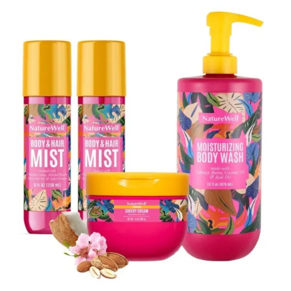 NATURE WELL Cheeky Collection Bundle - Includes 2X 8 Fl Oz Hair & Body Mists, 1X 10oz Body Cream, & 1X 33oz Body Wash, Value Sizes, Scent of Vacation, Perfect for Women, Girls, Teens