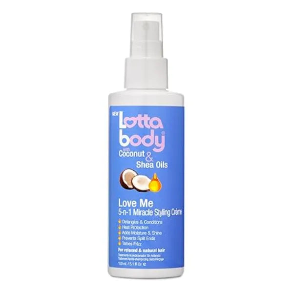 Lottabody Love Me 5 n 1 Leave In Treatment with Coconut & Shea Oils, Lightweight, All In One, Leave In Spray for Detangling Heat Protection Moisture Shine & Frizz Control, 5 oz