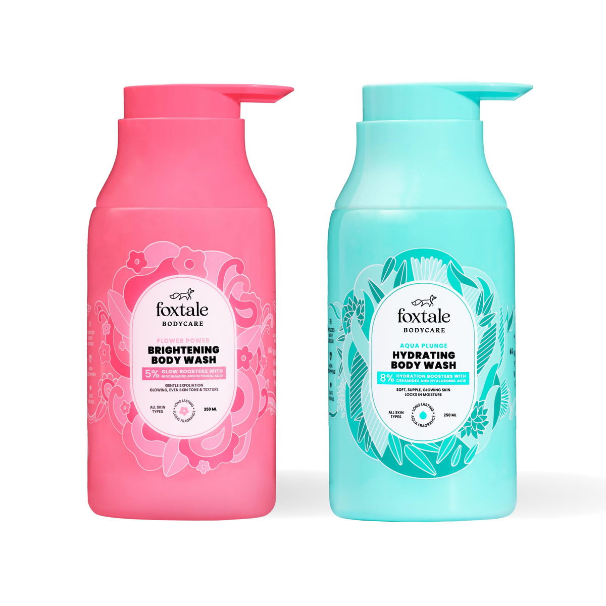 Foxtale Body Washes (Pack of 2) | With Glycolic Acid, Niacinamide, Ceramides, & Hyaluronic Acid | 6+ hrs Odour Control | Long Lasting Fragrance | Body Wash for Women & Men | All Skin Type | 250 ml