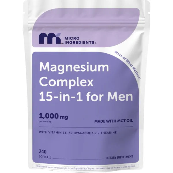 Micro Ingredients Magnesium Complex 15-in-1 for Men 1,000 mg Per Serving, 240 Softgels | Chelated Glycinate, Citrate, Malate & Taurate + Ashwagandha, L-Theanine & B6 for Stress & Sleep Support*, Made with MCT Oil