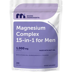 Micro Ingredients Magnesium Complex 15-in-1 for Men 1,000 mg Per Serving, 240 Softgels | Chelated Glycinate, Citrate, Malate & Taurate + Ashwagandha, L-Theanine & B6 for Stress & Sleep Support*, Made with MCT Oil