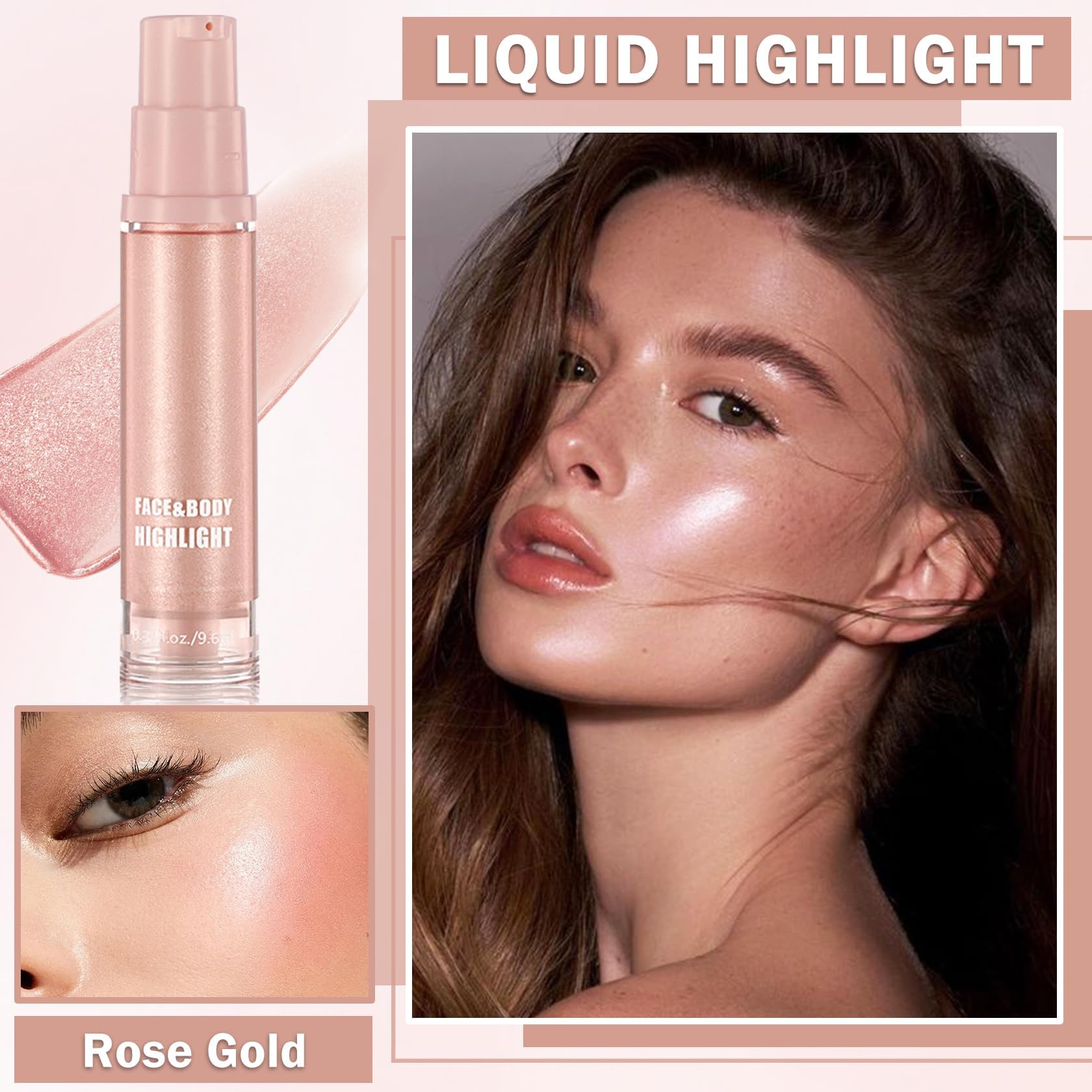 Shimmer Body Oil, Liquid Highlighter Makeup Glitter Contour Makeup Shimmer Oil for Face & Body, Long Lasting Highlighter Luminous Lotion, Multi-Use Body Highlighter Glitter Shimmer Oil - Rose Gold