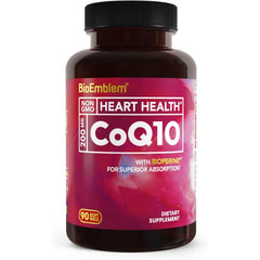 BioEmblem CoQ10 200mg with BioPerine, Coenzyme Q10, 90 Softgels High Absorption Coenzyme Q10 Antioxidant for Energy Production, Heart Health Natural Form, Non GMO CoQ10 Supplement
