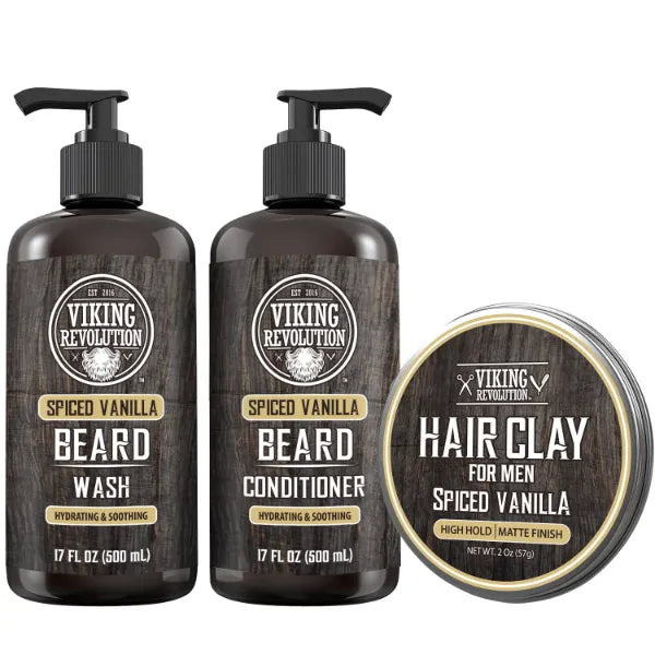 Viking Revolution Spiced Vanilla Mens Shampoo and Conditioner Set with Biotin and Jojoba Oil (17 Fl Oz Each) and Spiced Vanilla Hair Clay for Men (2 Oz) - Natural, With Vitamin B5 and Vitamin E