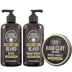 Viking Revolution Spiced Vanilla Mens Shampoo and Conditioner Set with Biotin and Jojoba Oil (17 Fl Oz Each) and Spiced Vanilla Hair Clay for Men (2 Oz) - Natural, With Vitamin B5 and Vitamin E