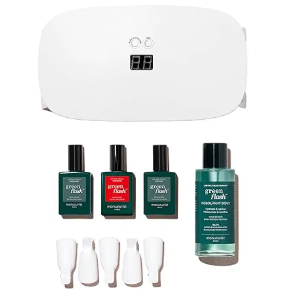 Manucurist Green Flash Slim LED Nail Gel Kit 24W LED Nail Lamp, Base Coat, Top Coat, Hortencia Pink Polish, Gel Polish Remover & Clips Gel Nail Kit with Uv Light Gifts for Women