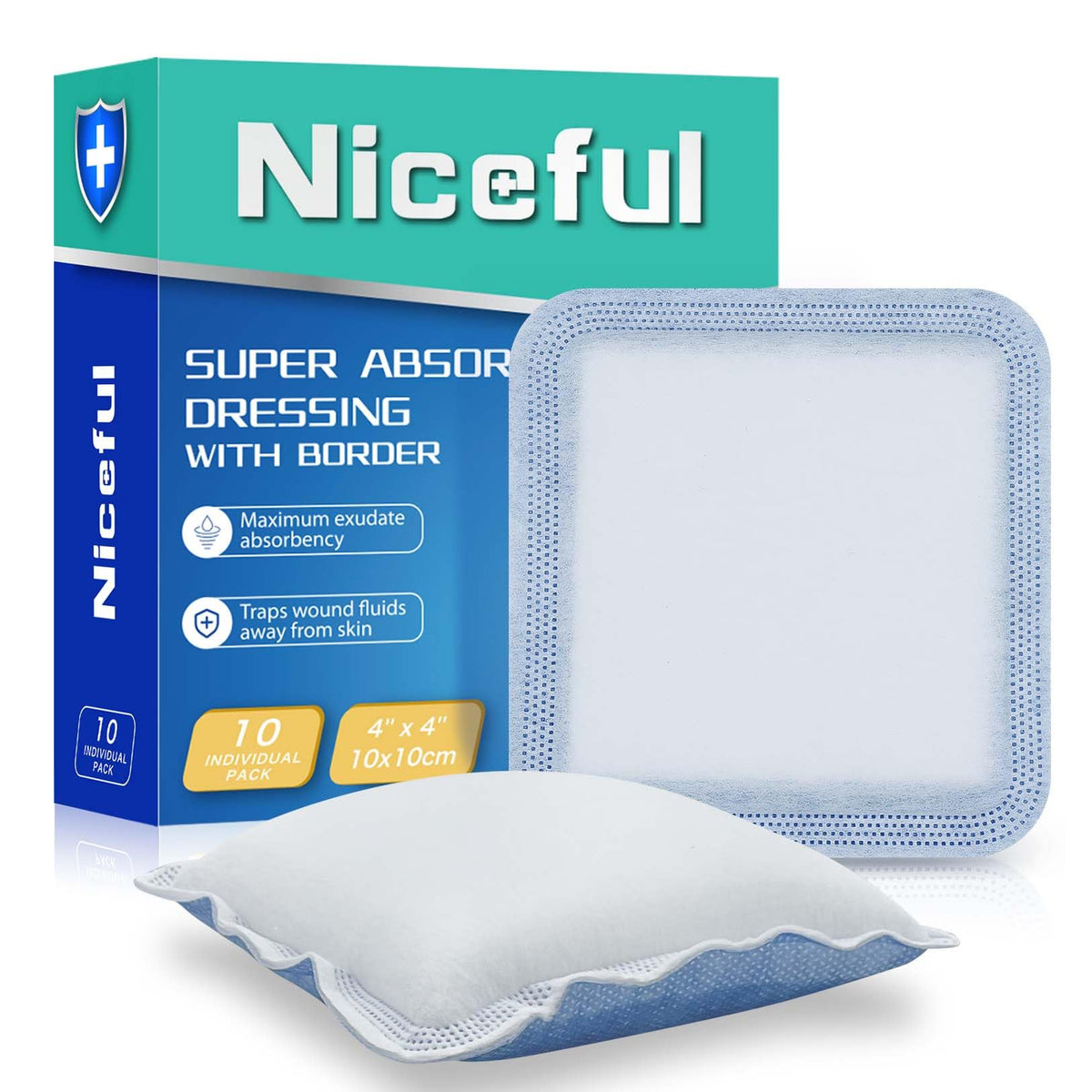 Niceful Super Absorbent Wound Dressing 4"x 4"(10 Pcs), Sterile Non Stick Gauze Pads for Wound Care, Heavy Exudate Non Adhesive Large Bandages for Pressure Ulcers, Bedsores, Diabetic Foot Ulcers