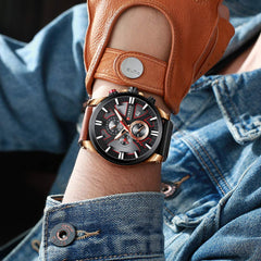CURREN Mens Water Resistant Sport Chronograph Watches Military Multifunction Leather Quartz Wrist Watches, rose gold brown, Chronograph,Quartz Movement