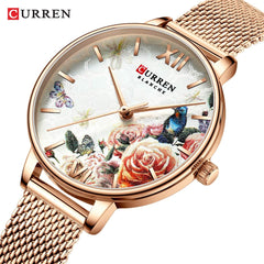CURREN 9060 Women's Casual Flower Dial 3ATM Waterproof Stainless Steel Mesh Strap Quartz Watch