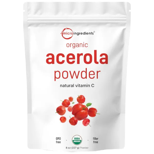 Micro Ingredients Organic Acerola Powder, 8oz | Natural Organic Vitamin C Superfood | No Sugar & Additives | Great Flavor for Drinks, Smoothie, & Beverages | Non-GMO & Vegan Friendly, Brazil Origin