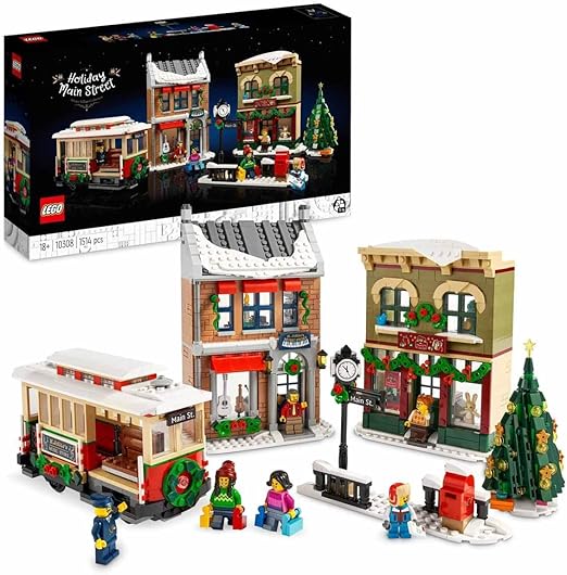 LEGO 10308 Icons Holiday Main Street, Winter Christmas Village Model Building Set with Tram, Shops, Accessories and Festive Decorations, Collectible Gift Idea for Her & Him