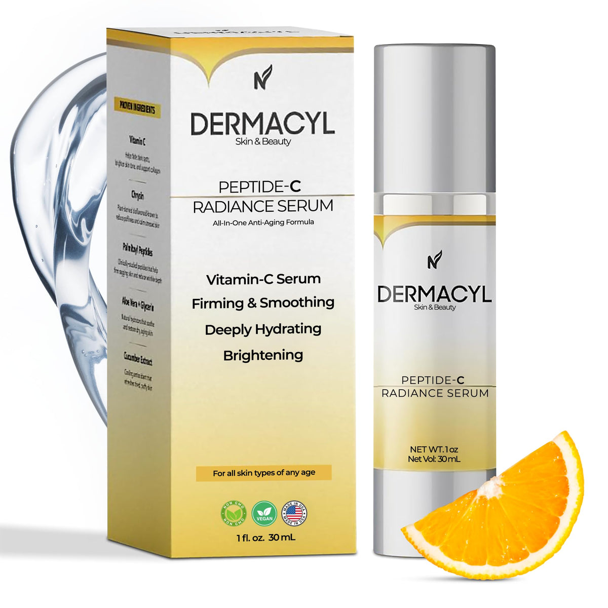 Dermacyl Peptide C Radiance Serum, Peptide Serum with Hyaluronic Acid for Anti-Aging, Face Hydrating, Deep Wrinkle Repair & Firming for Fine Lines- 30ml