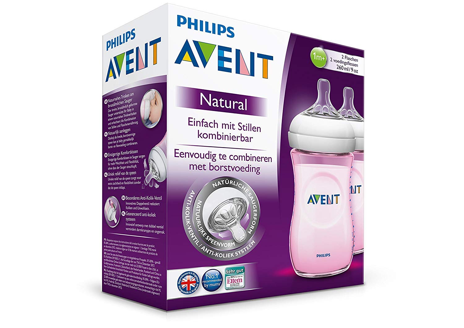 AVENT Philips Natural Feeding Bottle, 260ml, 2 Pack - Pink, SCF694/27