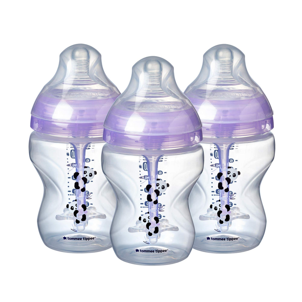 Tommee Tippee Anti-Colic Baby Bottles, Slow Flow Breast-Like and Unique Anti-Colic Venting System, 9oz, 3 Count, Purple Pandas