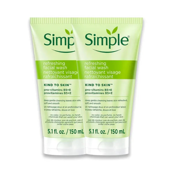 Simple Kind To Skin Refreshing Face Wash - Facial Cleanser with Vitamin B5 and E - Strengthens and Smooths Skin - Vegan, No Harsh Chemicals - 2 pc
