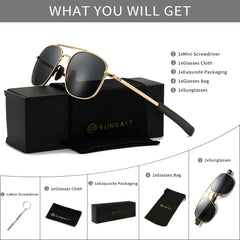SUNGAIT Men's Military Style Polarized Pilot Aviator Sunglasses Bayonet Temples