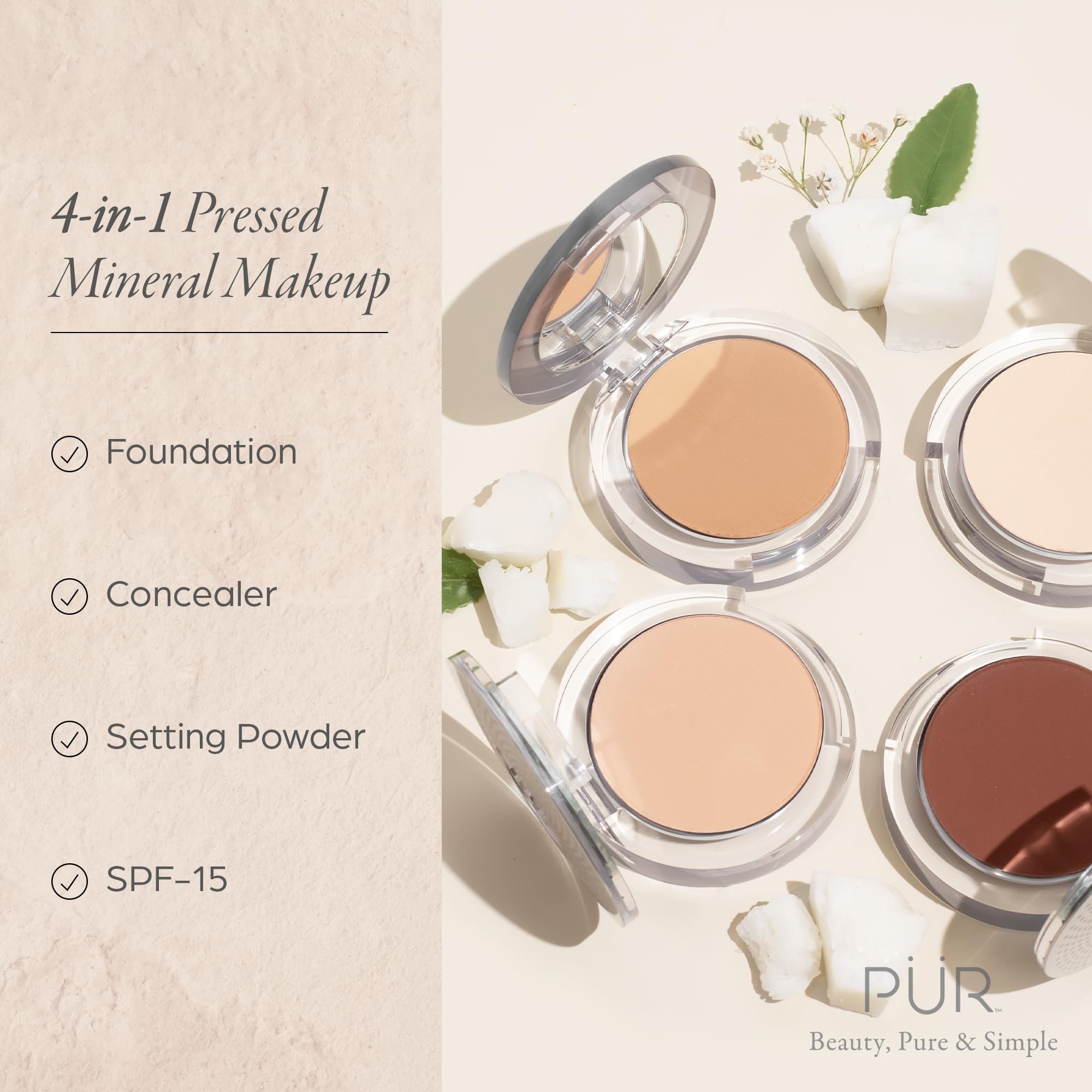 PÜR 4-in-1 Pressed Mineral Makeup SPF 15 Powder Foundation with Concealer & Finishing Powder- Medium to Full Coverage Foundation- Mineral-Based Powder- Cruelty-Free & Vegan Friendly- Medium Dark