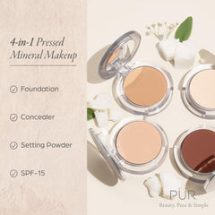 PÜR 4-in-1 Pressed Mineral Makeup SPF 15 Powder Foundation with Concealer & Finishing Powder- Medium to Full Coverage Foundation- Mineral-Based Powder- Cruelty-Free & Vegan Friendly- Medium Dark