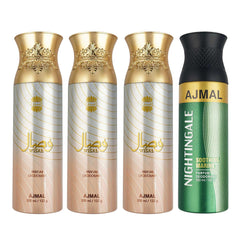 Ajmal 3 Wisal for Women and 1 Nightingale for Men & Women Deodorants each 200ML Combo pack of 4 (Total 800ML) + 4 Parfum Testers