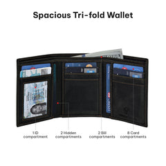 VALENCHI Men's Genuine Leather Rfid Blocking Slim Trifold Wallet With 7 Cards+1 Id Window+2 Note Compartments - Black Oily Hunter