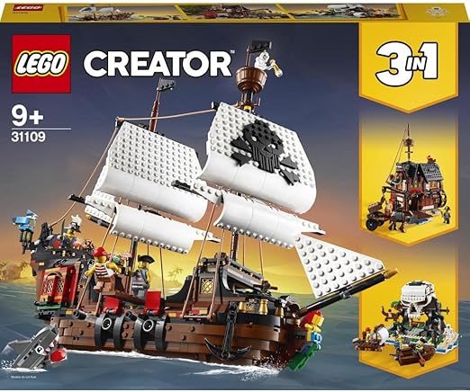 LEGO 31109 Creator 3in1 Pirate Ship Toy with Inn & Skull Island, Gift for Kids, Boys & Girls age 9 Plus Years Old with Minifigures and Shark Figure