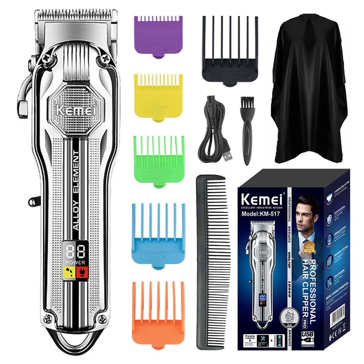 KEMEI Professional Hair Clippers for Men, Cordless Hair Trimmers Grooming Kit USB Rechargeable Outliner Clippers, Beard Trimmer Haircut Set for Home Use & Barbers Use, KM-517,Silver