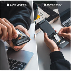 VULKIT Minimalist Wallet with Money Band RFID Wallet for Mens Pop Up Wallet Leather Wallet with ID Window & Elastic Band Closure - Grey