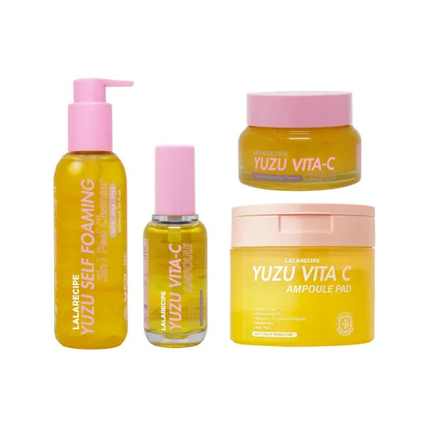 LALARECIPE Yuzu Vita C Line Day Skincare Routine for Glowing Skin; Yuzu Self-Foaming 3-in-1 Facial Cleanser & Yuzu Vita C Facial Ampoule & Yuzu Vita C Ampoule Pad & Yuzu Vita C Face Cream