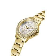 GUESS Ladies Sport Crystal Multifunction 36mm Watch – White Dial Rose Gold-Tone Stainless Steel Case with Blue Silicone Strap