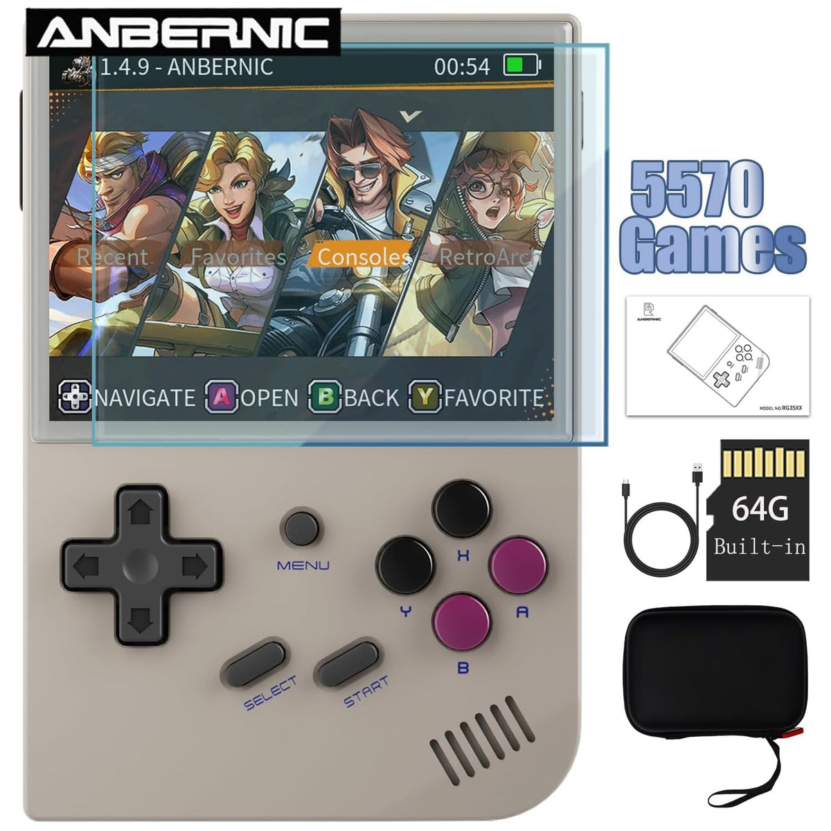 Aivuidbs RG35XX Retro Handheld Game Console 3.5-inch IPS 640*480 Screen Linux System with a 64G Card Pre-Loaded 5000+ Games (RG35XX-Grey)