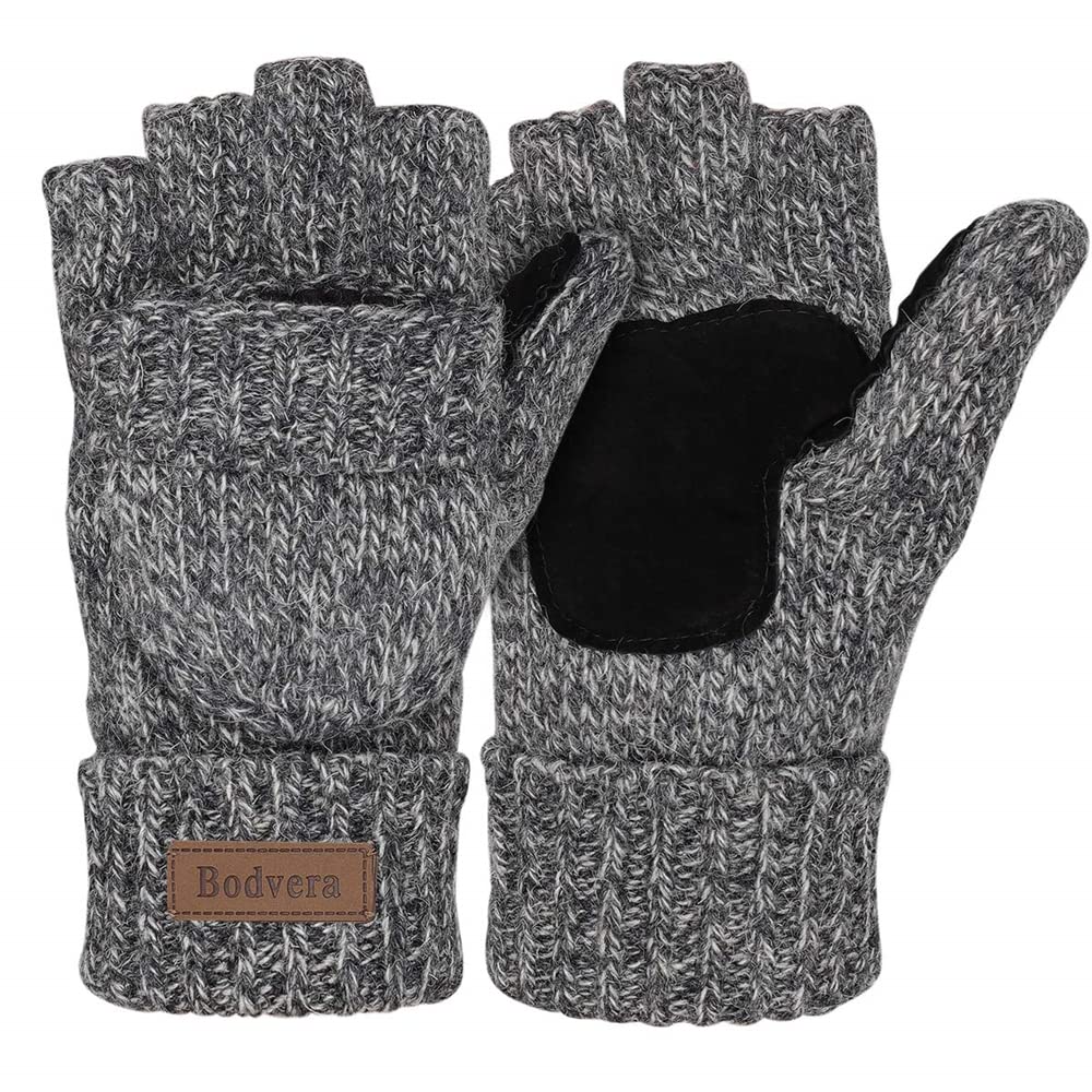 Winter Gloves, Convertible Wool Mittens for Men and Women, Warm Thermal Knit Flip Top Snow Glove for Cold Weather - Light Grey