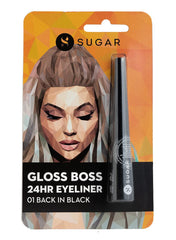 Sugar Cosmetics Gloss Boss 24H Gel Eyeliner with Brush | Smudge & Water Proof - 01 Back in Black (Black Eyeliner) | 3 ml